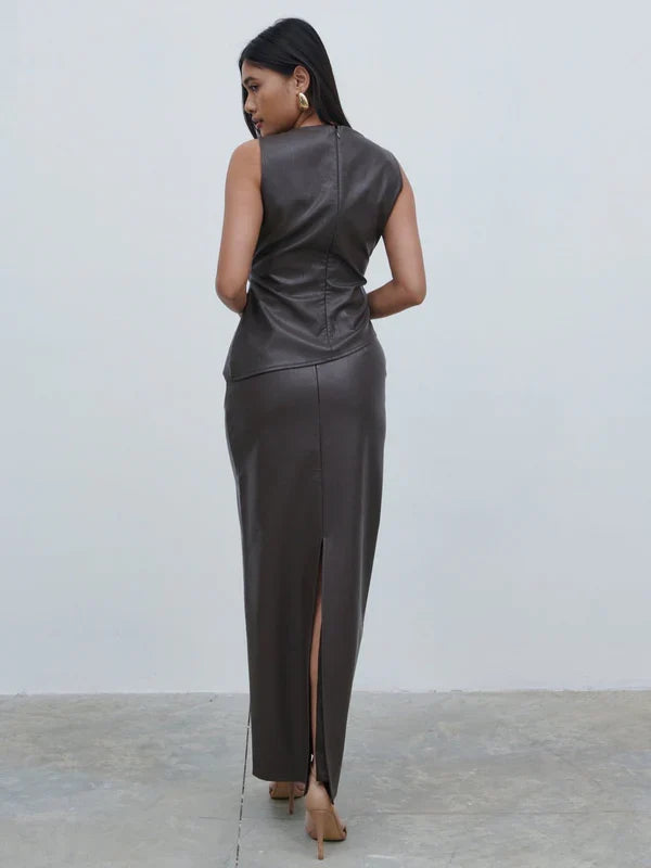 Maeve High Neck Faux Leather Top (Dark Chocolate Brown)