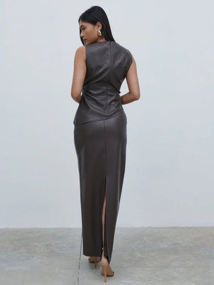 Maeve High Neck Faux Leather Top (Dark Chocolate Brown)