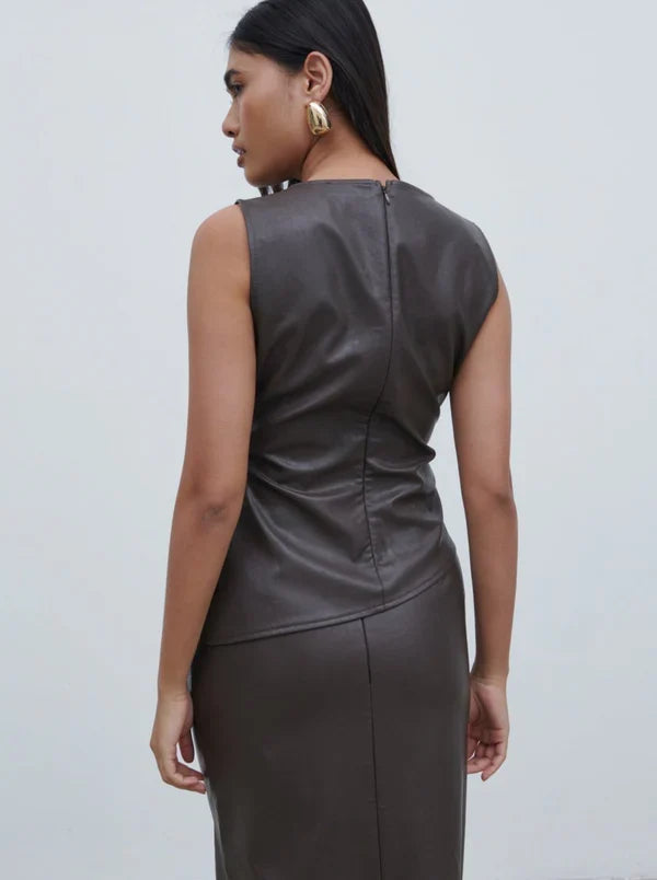 Maeve High Neck Faux Leather Top (Dark Chocolate Brown)