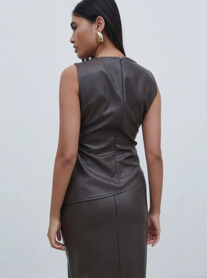 Maeve High Neck Faux Leather Top (Dark Chocolate Brown)