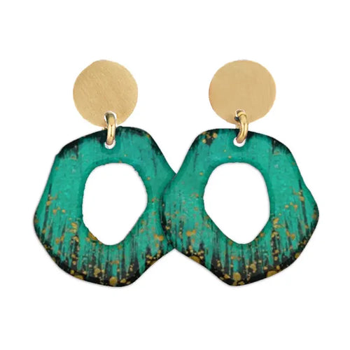 Pair of Sibilia Mancha Earrings in Forest, featuring matte gold round disc studs with large open-circle irregular drop pendants in deep forest green and black with gold speckle patina, on a white background