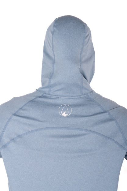 Back view of the Waihana Mariner Blue Hooded Long Sleeve Sun Shirt showing the structured hood, raglan seaming, and white Waihana logo on the upper back.