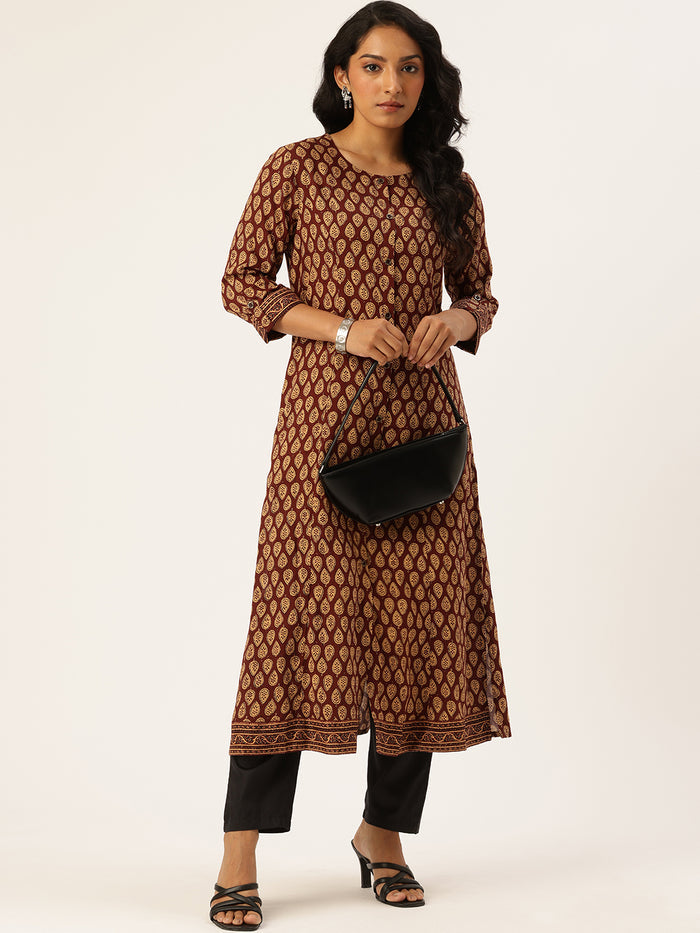 Maroon Butti Printed Kurta, Princess Cur Kurta, A-Line Kurta, Floral Print, Mandarin Collar kurta, printed kurta