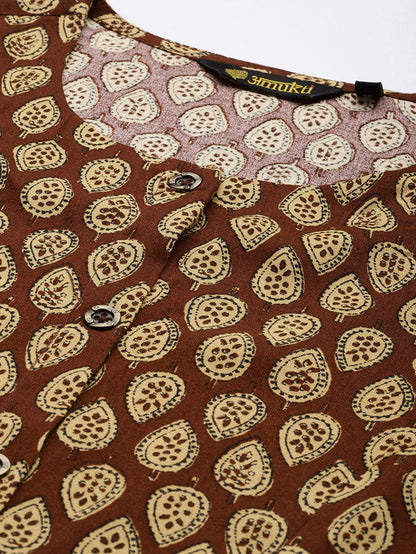 Maroon Butti Printed Kurta, Princess Cur Kurta, A-Line Kurta, Floral Print, Mandarin Collar kurta, printed kurta