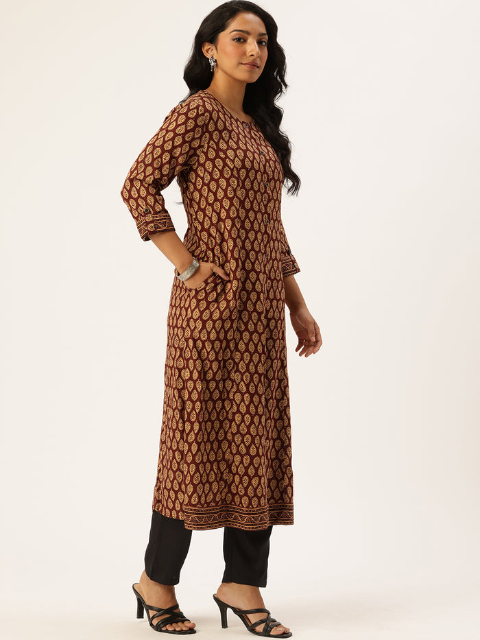 Maroon Butti Printed Kurta, Princess Cur Kurta, A-Line Kurta, Floral Print, Mandarin Collar kurta, printed kurta