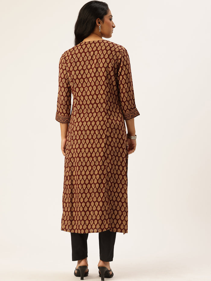 Maroon Butti Printed Kurta, Princess Cur Kurta, A-Line Kurta, Floral Print, Mandarin Collar kurta, printed kurta