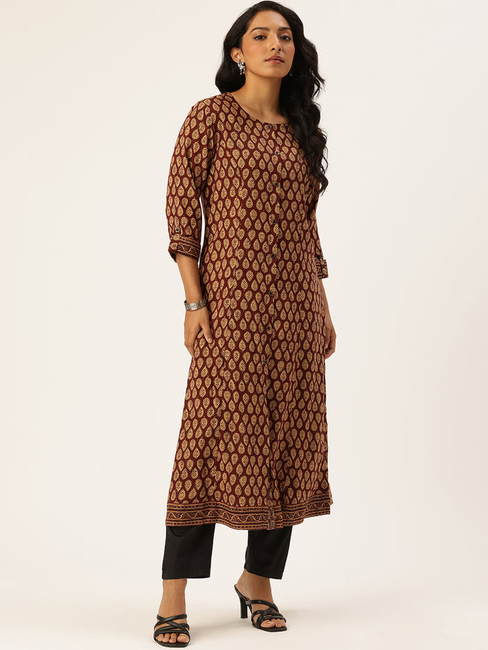 Maroon Butti Printed Kurta, Princess Cur Kurta, A-Line Kurta, Floral Print, Mandarin Collar kurta, printed kurta