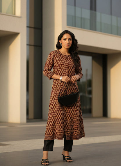 Maroon Butti Printed Kurta, Princess Cur Kurta, A-Line Kurta, Floral Print, Mandarin Collar kurta, printed kurta