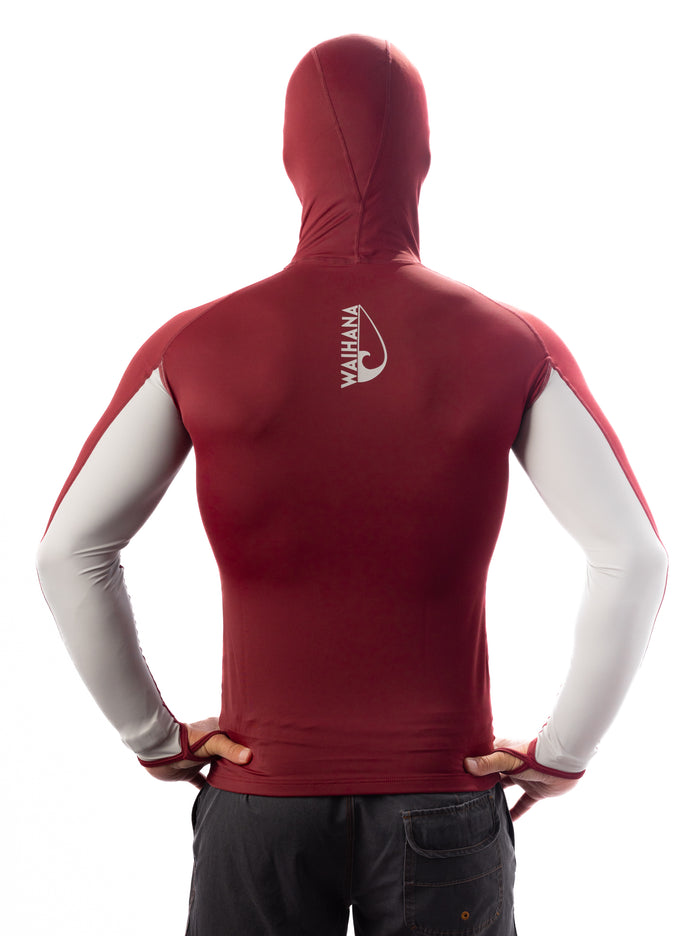 Back view of a male model wearing the Waihana Maroon Carvico Hooded Surf Rashguard with grey contrast sleeves and a full hood, shown against a white background.