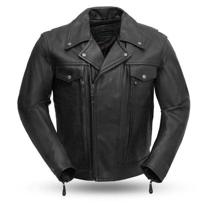 Eagle Leather Mastermind jacket with snap-down lapel, collar, and asymmetrical zipper