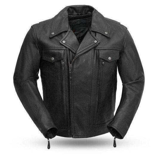 Eagle Leather Mastermind jacket with snap-down lapel, collar, and asymmetrical zipper