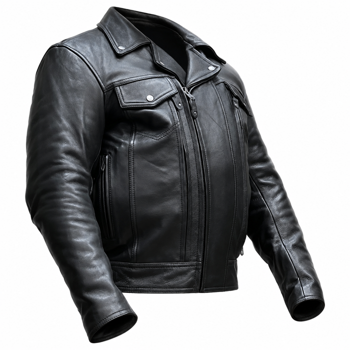 Eagle Leather Mastermind leather motorcycle jacket in three-quarter view