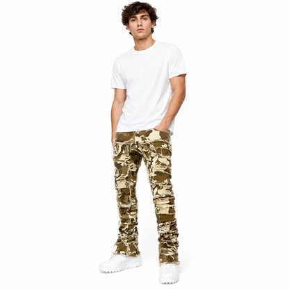 Stacked skinny jeans for men with frayed details and modern patchwork design
