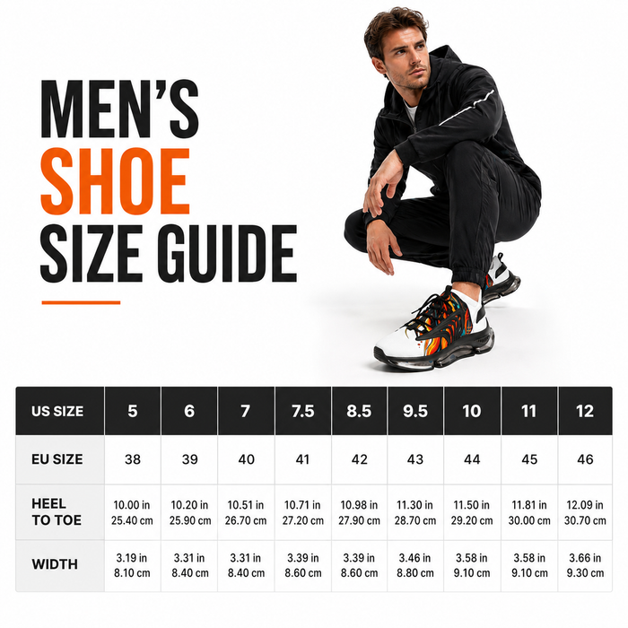 Men's shoe size guide infographic with a model wearing athletic shoes and a detailed size conversion table below, showing US size, EU size, heel-to-toe, and width measurements.