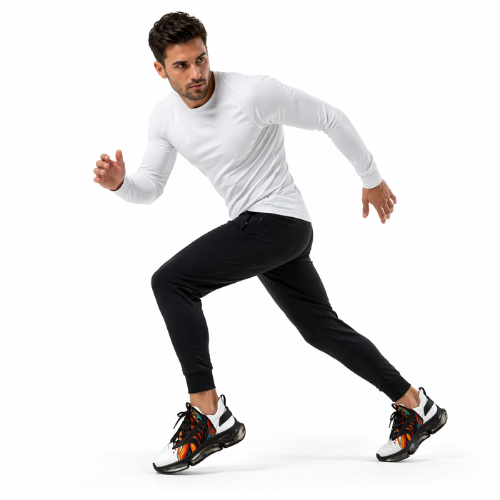 Men's breathable mesh sneakers styled with joggers for everyday wear