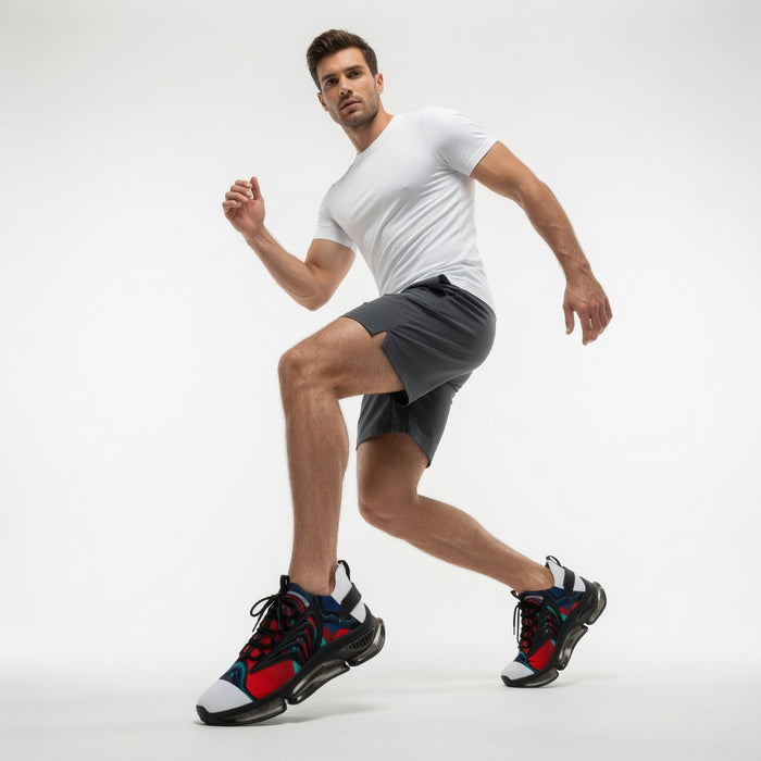 Close-up view of men's knit mesh sneaker upper showing open texture, lace-up construction and clear mesh ventilation details.