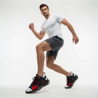 Close-up view of men's knit mesh sneaker upper showing open texture, lace-up construction and clear mesh ventilation details.