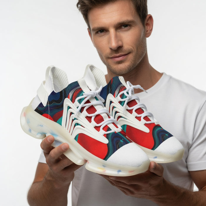 Side view of men's breathable mesh sneaker showing lace-up closure, foam midsole and flexible rubber outsole product details.