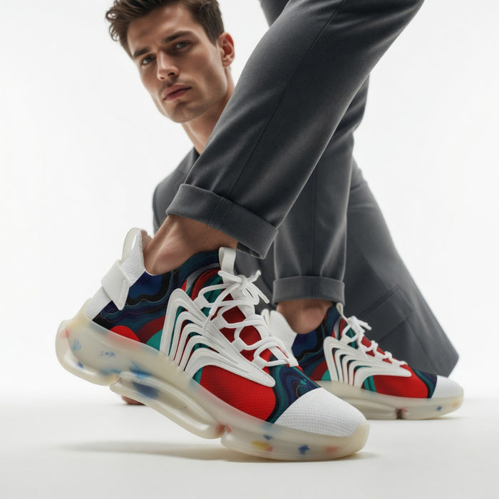 Rear view of men's breathable sneakers showing heel structures, collar shape and pull tab in a clear product reference photo.