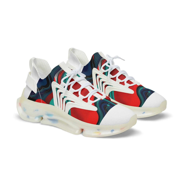 Three-quarter view of men's mesh sneaker showing tongue, collar, lace-up closure and heel structure for clear product detail.
