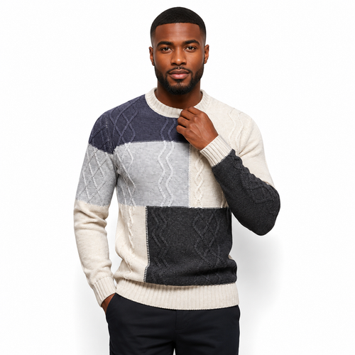 Men's crew neck sweater in gray color block design with long sleeve, slim fit, ribbed trims and clean studio presentation HD.