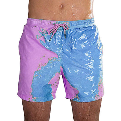 Multicolored swim shorts with a tie on a white background