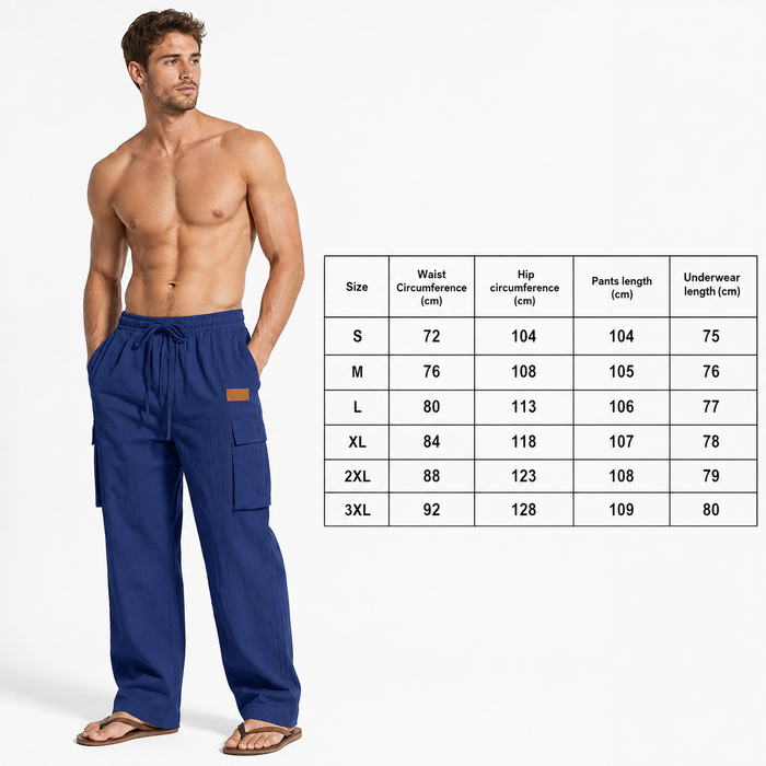 Men's cotton linen pants in navy blue shown beside the product size chart with waist, hip, pants length and inseam measurements.