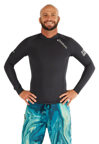 Men's Essentials Rear-zip Surf Top laid flat showing front panel and fitted cut