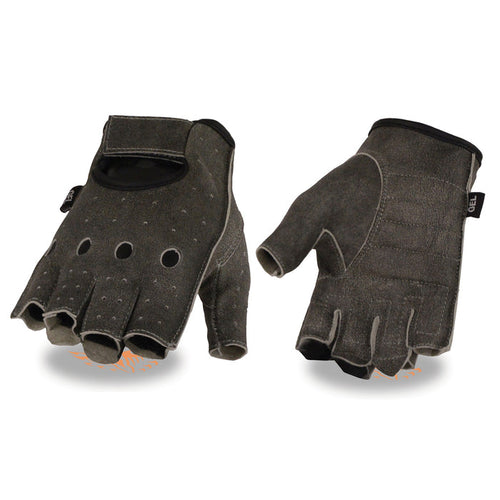 Men's Fingerless Gloves: Premium Distressed Leather
Unlined
Open Knuckle w/ Perforated Finger Panel
Wrist Strap Closure
Pull