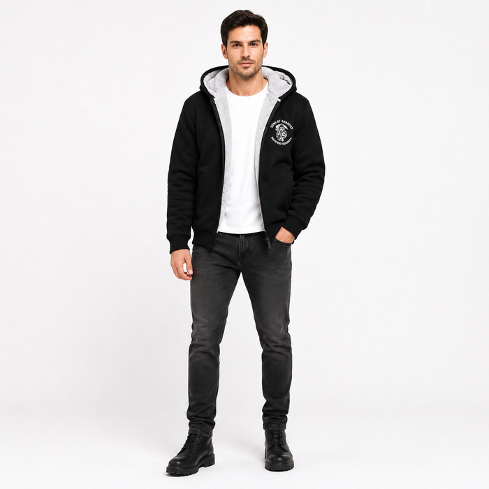 Men's fleece hooded jacket in black shown from front on a male model to display the hood, front profile, sleeves, and length.
