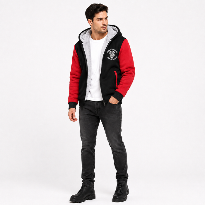 Red and black men's hooded fleece jacket shown from the front, on a male model for clear look at the hood and overall design.