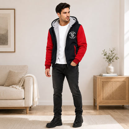Red and black hooded fleece jacket, on a male model in a lifestyle view for a clear look at the product's overall appearance.