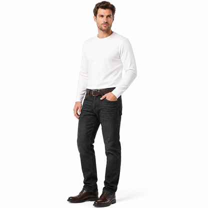 Men's black fleece-lined jeans with straight loose fit on male model