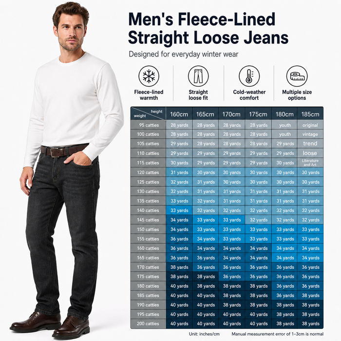 Men's fleece-lined jeans size guide and winter fit benefits