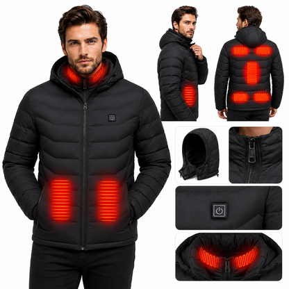 Men's heated jacket front view with removable hood, zip-up closure, cotton fill and adjustable three-mode USB heating control