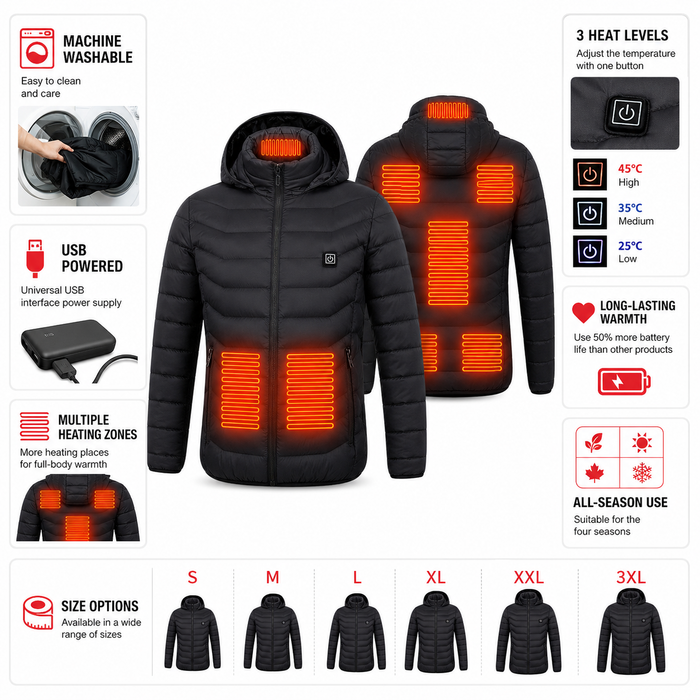 USB electric heated jacket for men with detachable hood, high collar and thermal cotton filling for colder outdoor activities