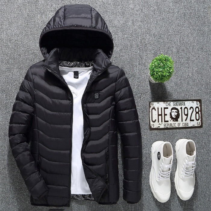 Men's heated winter coat with button heat control, solid design and moisture-resistant shell for dog walks and daily commutes
