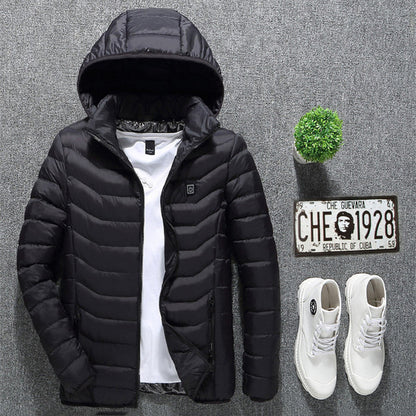Men's heated winter coat with button heat control, solid design and moisture-resistant shell for dog walks and daily commutes