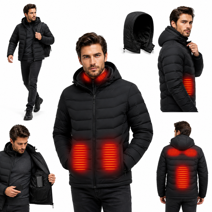 Men's thermal heated coat with metallic dot lining and soft shell exterior designed to help preserve warmth in wintry weather