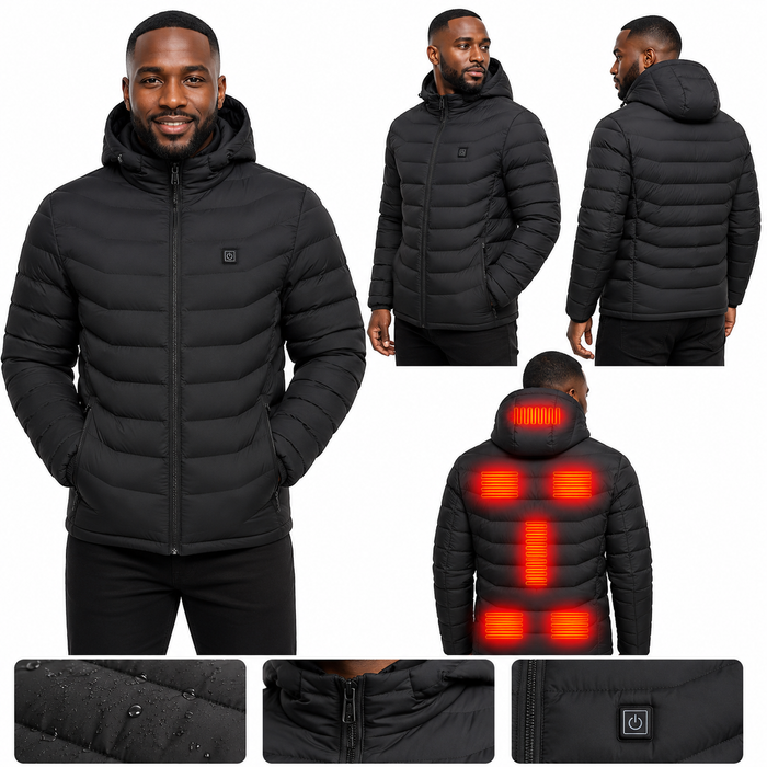 Men's heated jacket detail showing quality zipper, elastic cuffs and hood connection for functional warmth and simple styling