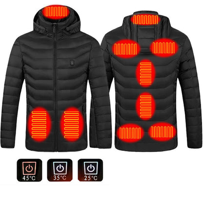 Electric heated jacket for men with removable hood and three temperature settings for cycling, fishing and winter camping use