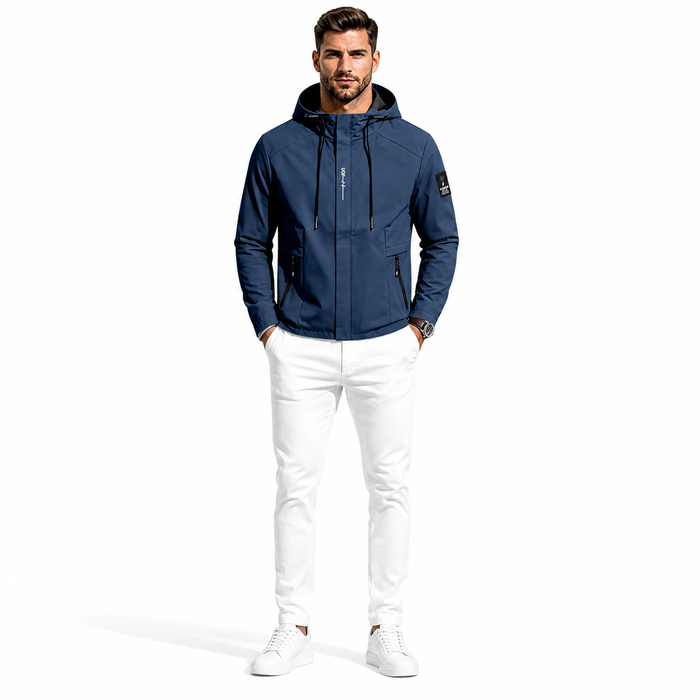 Men's hooded jacket in navy with a relaxed fit, long sleeves and regular length for casual outdoor sports and daily layering.