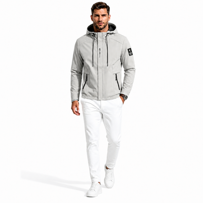 Denim blue men's outdoor hooded jacket with relaxed fit, regular sleeves and a lightweight polyester blend for everyday wear.
