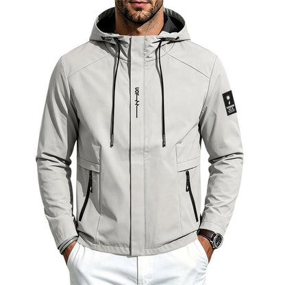 Men's relaxed fit hooded jacket in a polyester synthetic fiber blend, designed for casual sport, travel and everyday outfits.