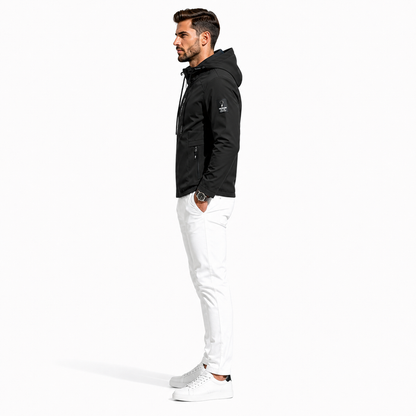 Lightweight men's hooded jacket with a relaxed fit, regular long sleeves and regular jacket length for relaxed daily styling.