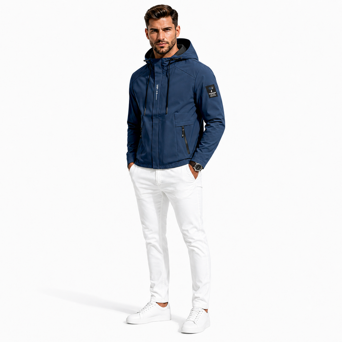 Men's polyester hooded jacket with a relaxed fit and long sleeves in navy, black, denim blue and light gray for casual sport.
