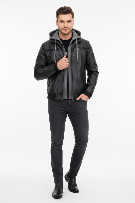 mens hooded leather jacket zipper pocket detail modern streetwear look
