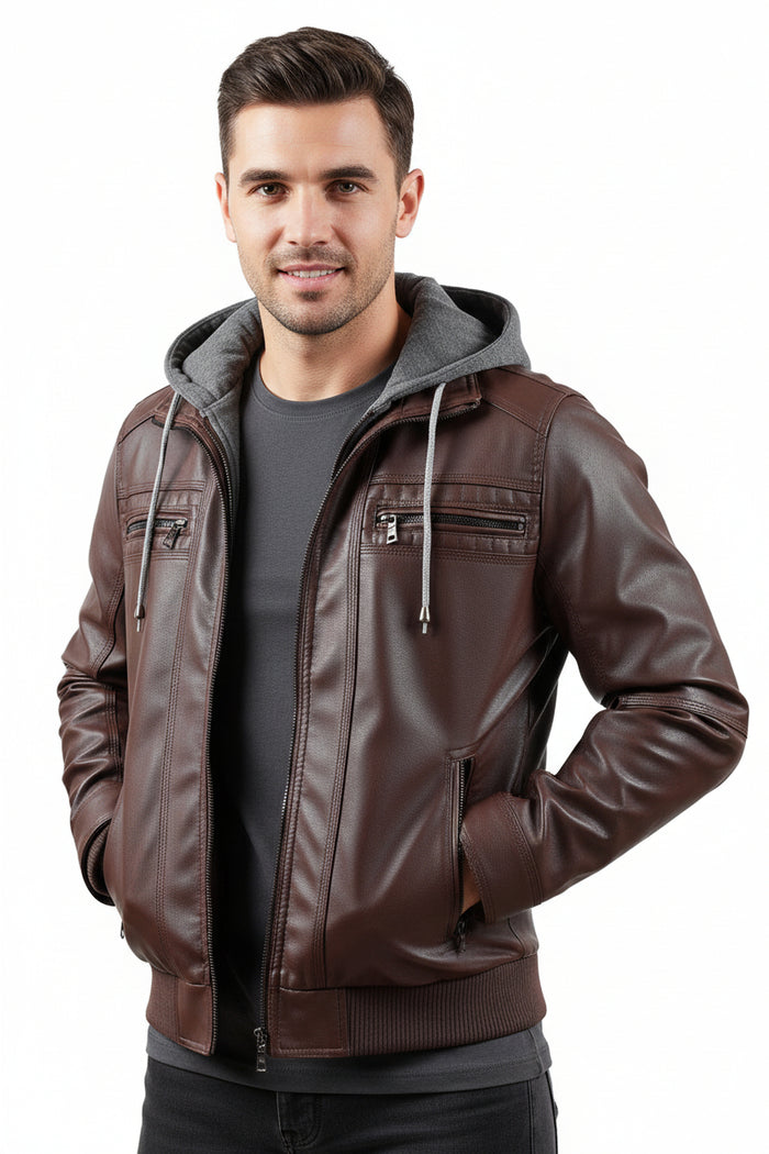 mens hooded PU leather jacket brown leather texture daily outfit