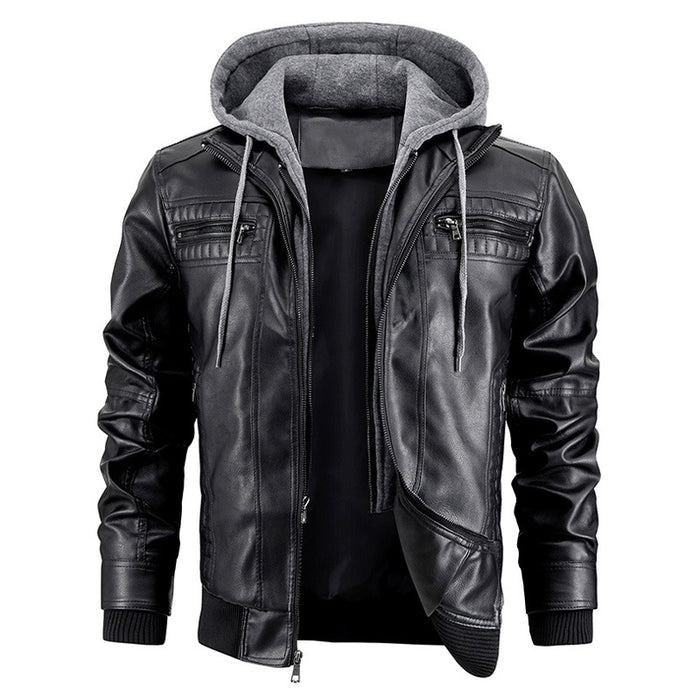 mens hooded faux leather jacket black color casual fashion wear