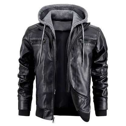 mens hooded faux leather jacket black color casual fashion wear